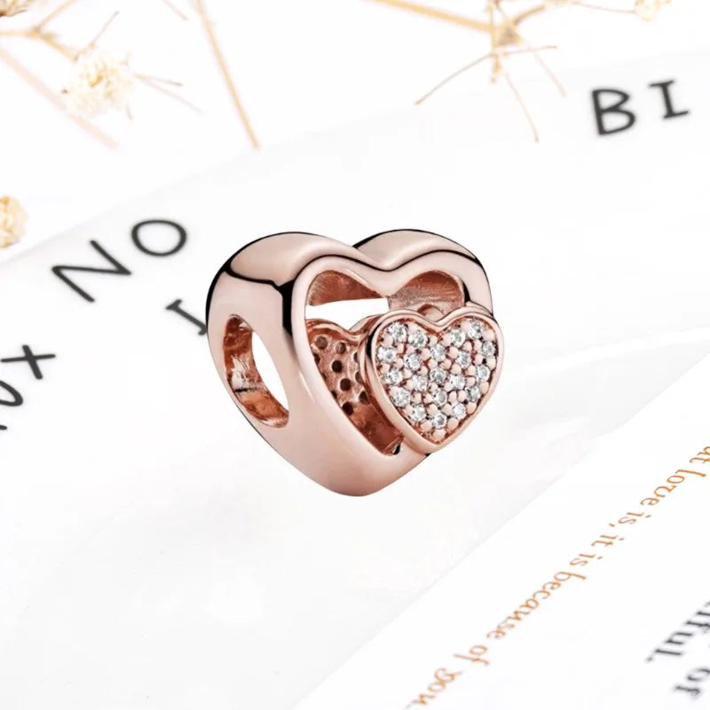 Rose Gold Winged Angel Heart Charm Bead Pink Daisy Spacer