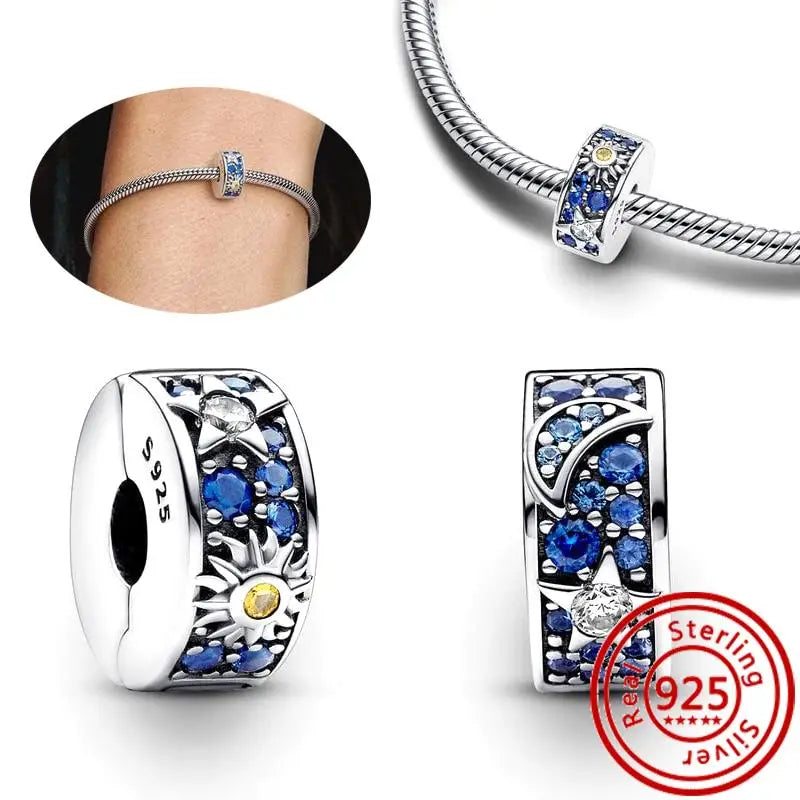 Sterling Silver Blue Zircon Feather Crown Moon Pendant Charm Bracelet Beads H245 3mm-4mm