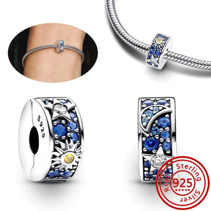 Sterling Silver Blue Zircon Feather Crown Moon Pendant Charm Bracelet Beads H245 3mm-4mm