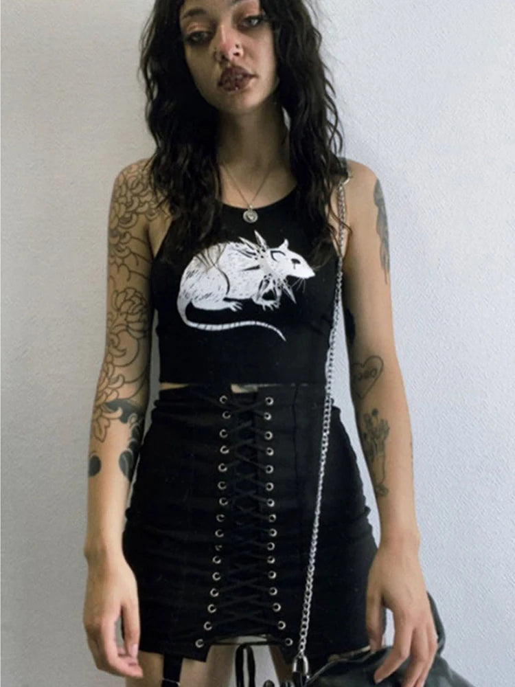 Goth Black Cropped Bodycon Tank Top O Neck Knit Streetwear