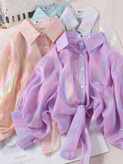 Sparkling Buttoned Waist Blouse For Women Half Sleeve