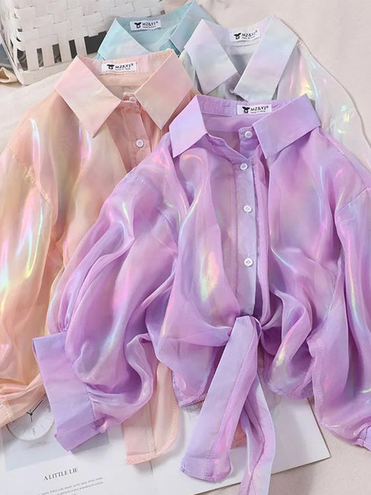 Sparkling Buttoned Waist Blouse For Women Half Sleeve