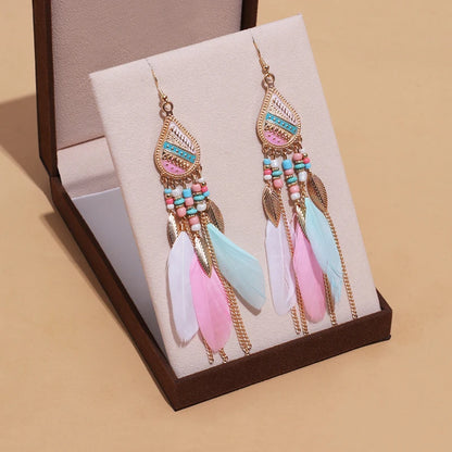 Bohemian Long Feather Drop Earrings with Tassel Beads and Enamel Flowers for Women