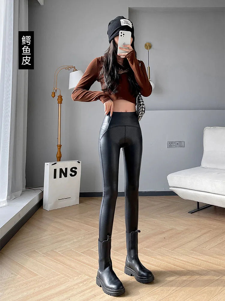 Women Fleece Matte PU Leather Leggings Elastic Slim Skinny