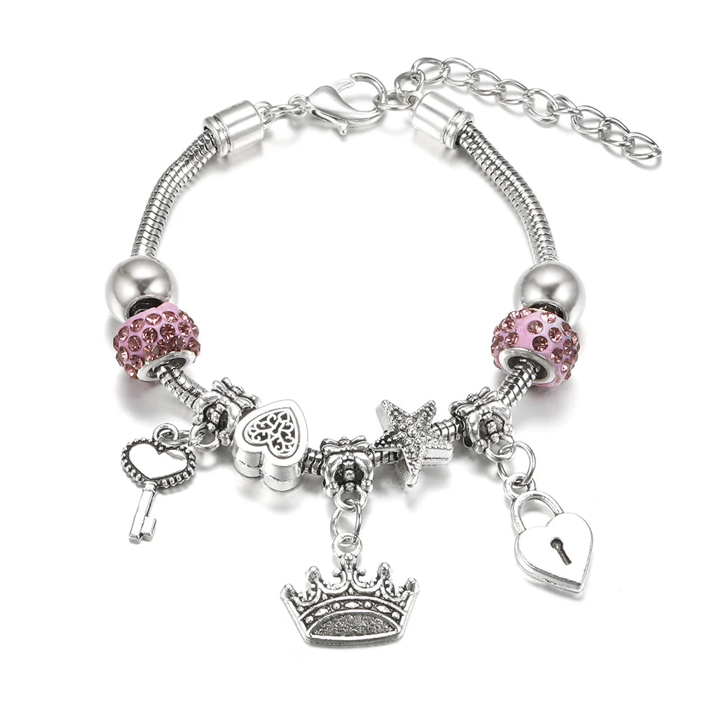 Elegant Heart Lock Charm Beaded Bangle Adjustable Snake Chain Bracelet for Women