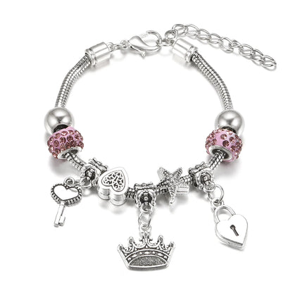 Elegant Heart Lock Charm Beaded Bangle Adjustable Snake Chain Bracelet for Women