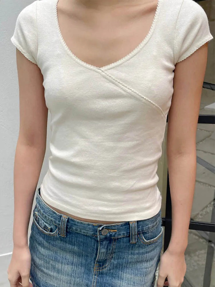 Vintage Slim V Neck Cotton Streetwear Tee Y2K Cute Femme