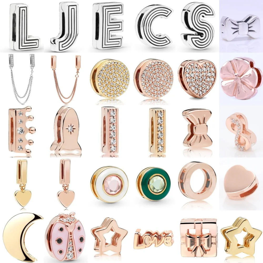 925 Silver Exquisite Moon Heart Letter Flat Clip Beads for European DIY Bracelet