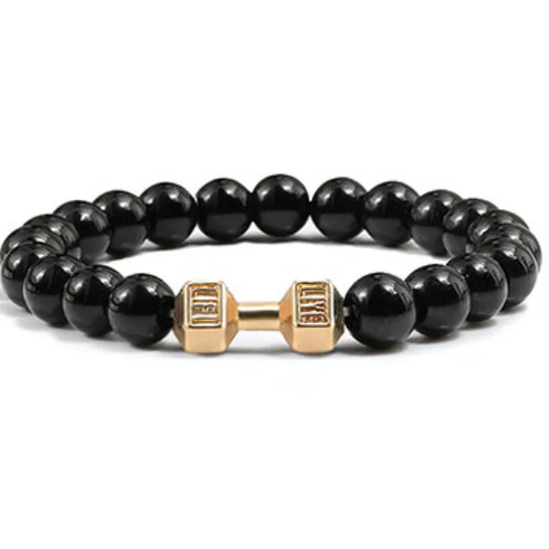 Vintage Men's Natural Stone Bead Bracelet With Dumbbell Pendant Bright Black gold
