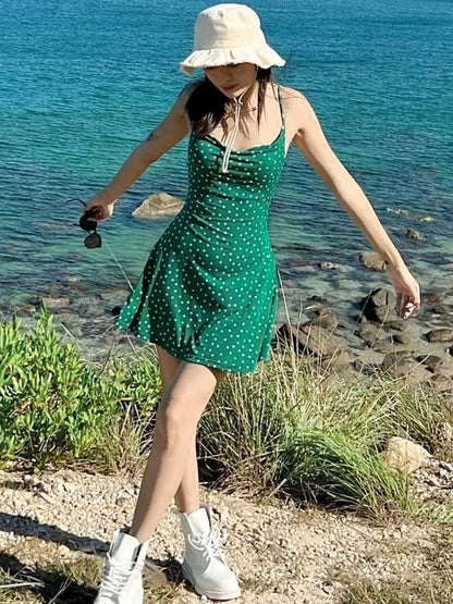 Summer Spot Print Backless Bodycon Mini Dress Women Y2K