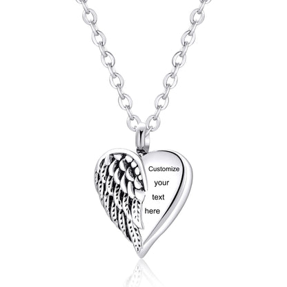 Customized Stainless Steel Angel Wing Heart Urn Necklace Memorial Keepsake Jewelry