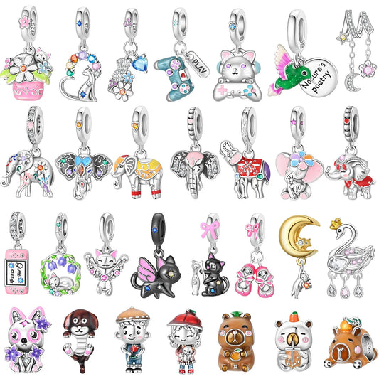 925 Sterling Silver Animal Charms Set Elephant Cat Capybara Swan Zircon Beads for DIY Necklace and Bracelet Jewelry Gift