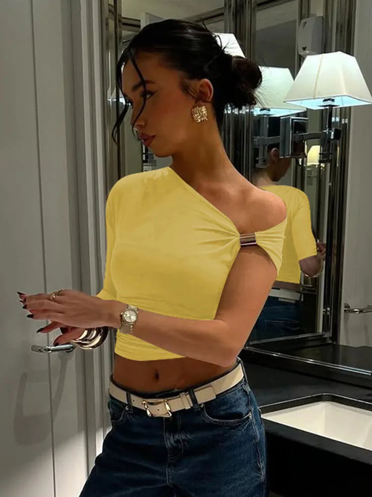 Dozw Skew Collar Ruched Short Sleeve T Shirt Women Chic