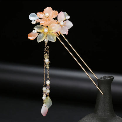 Elegant Gold Red Floral Pearl Long Tassel Hairpins Bridal Chinese Wedding Headpiece