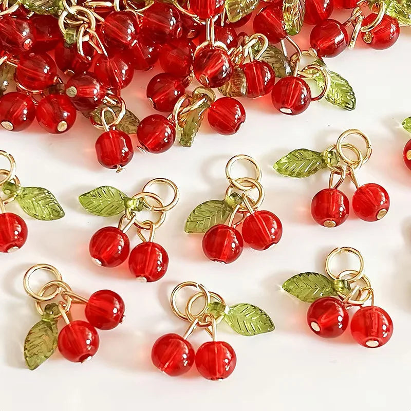 Acrylic Red Cherry Charms 3D Fruit Pendants for DIY Jewelry Making 18mm 10-Pack