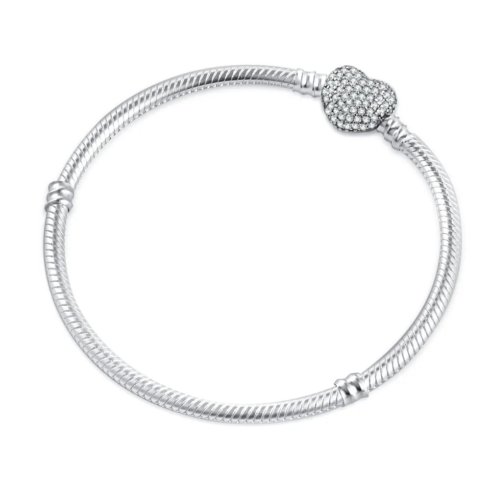 European Heart Clasp Bracelet with Zircon Stone Charm for DIY Big Hole Beads 16cm to 21cm
