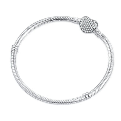 European Heart Clasp Bracelet with Zircon Stone Charm for DIY Big Hole Beads 16cm to 21cm