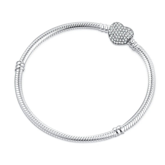 European Heart Clasp Bracelet with Zircon Stone Charm for DIY Big Hole Beads 16cm to 21cm