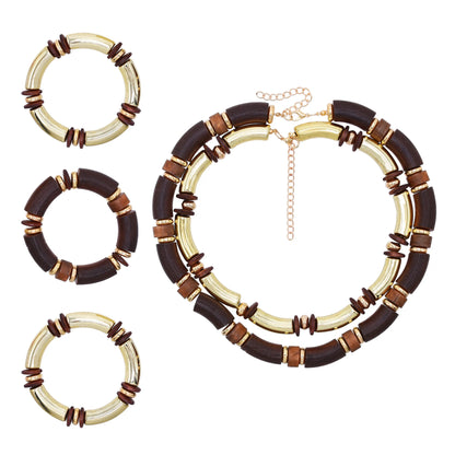 Vintage Brown Wood Multi Layer Necklace And Bracelet Set For Women Gold Plated Fashion Jewelry Gift For Parties