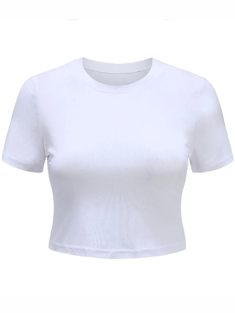 Dozw O Neck Knit Crop Top Women Ribbed Summer Tee Cute