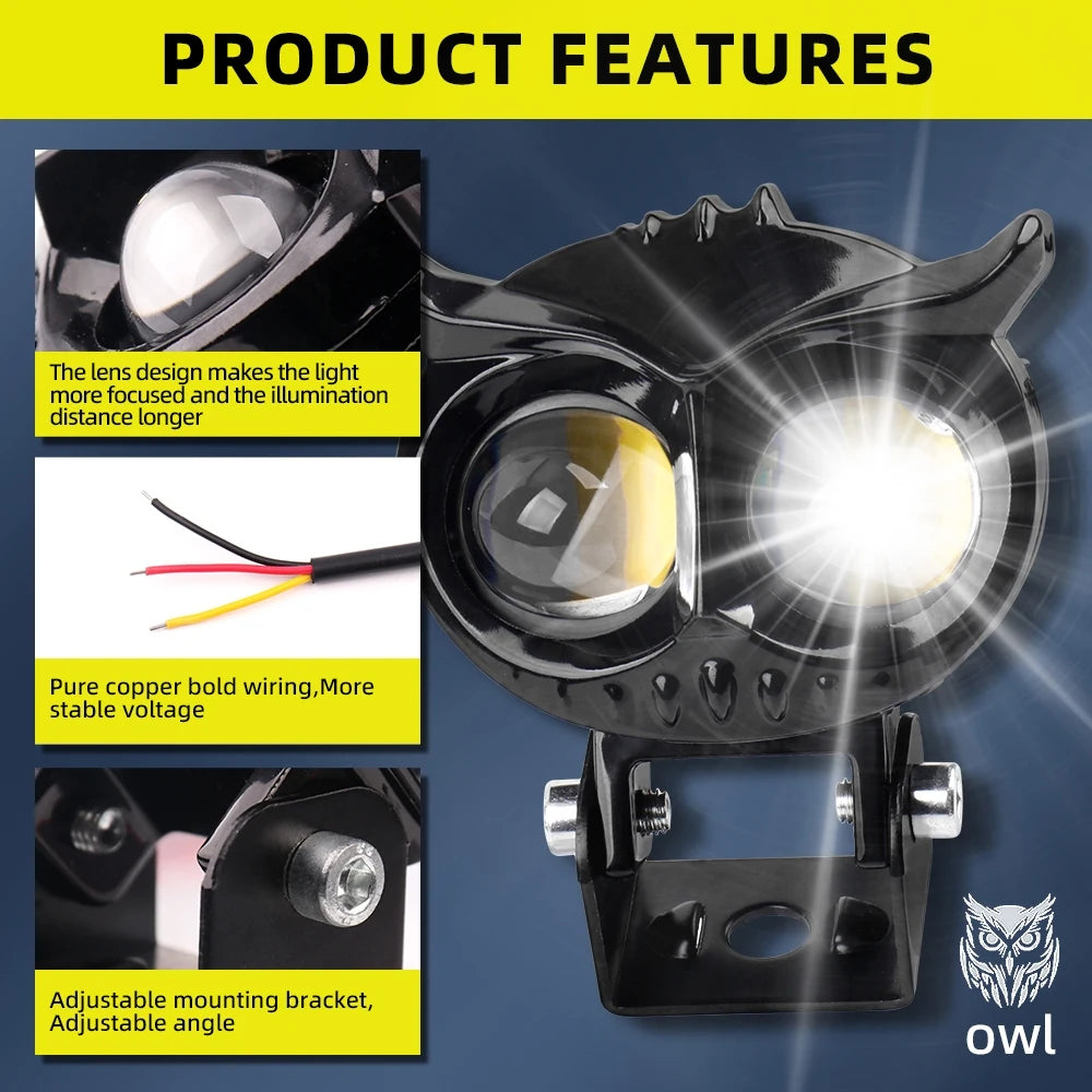 Owl LED Motorcycle Headlight 30W 3000K 6000K Adjustable Fog Lamp for Scooters ATVs Cars and Trucks