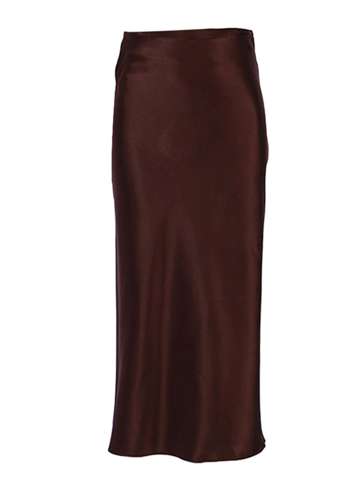 Solid Purple Satin Silk Midi Skirt High Waisted Office Wear