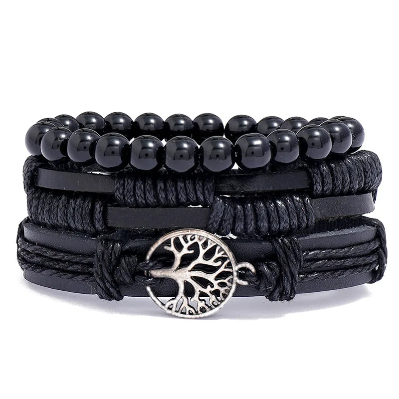 ZORCVENS Men's Handmade Braided Leather Bracelet Set - Vintage Black Punk Fashion Gift