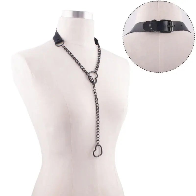 Heart Slip Chain Y Necklace Black Leather Choker for Women