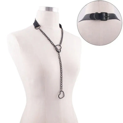 Heart Slip Chain Y Necklace Black Leather Choker for Women