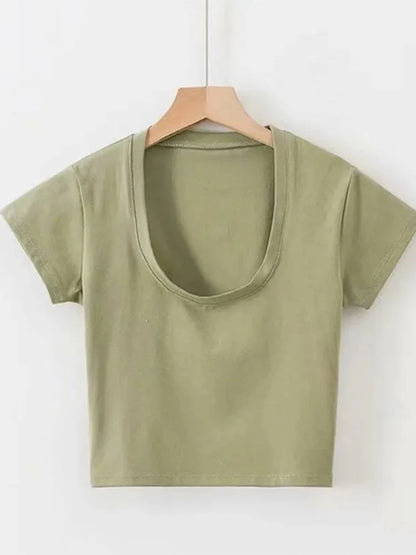 U Neck Crop Top High Waist Slim Solid Color Tee Street
