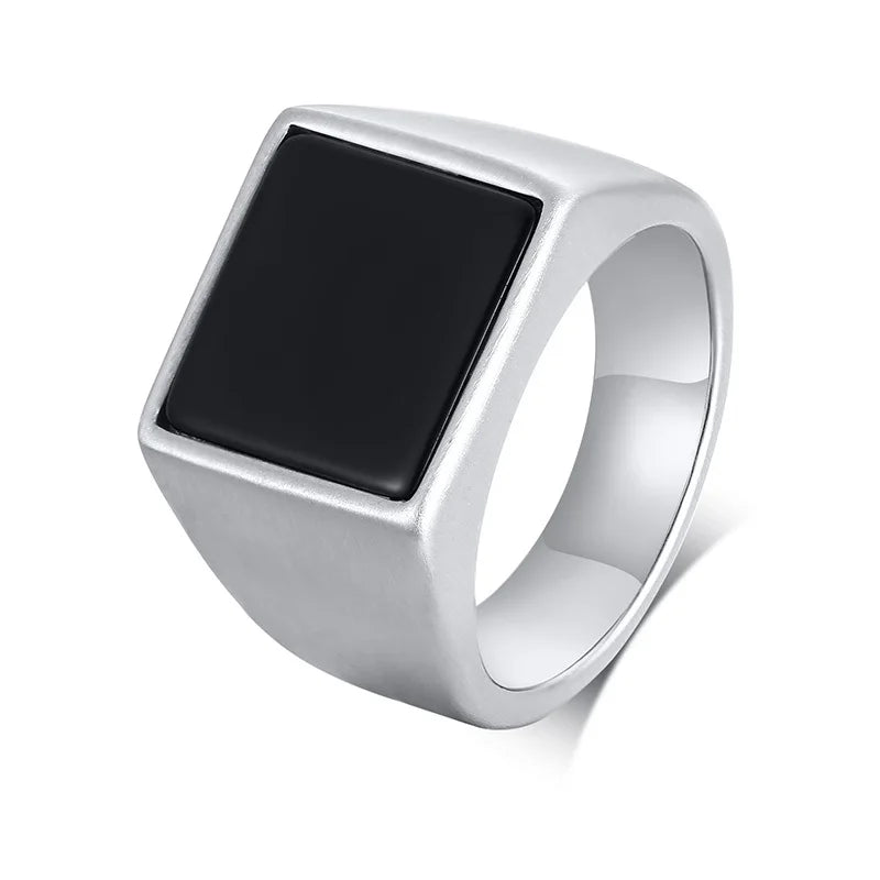 Vnox Black Stainless Steel Signet Ring for Men with Enamel Geometric Top