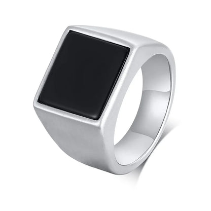 Vnox Black Stainless Steel Signet Ring for Men with Enamel Geometric Top