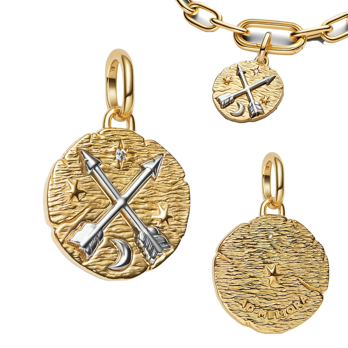 925 Sterling Silver Golden Round Charms with Horse Lion Castle Beads for DIY Womens Jewelry Gift