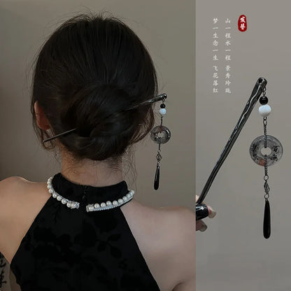 Elegant Ink Flower Tassel Hairpin Forks for Women - Modern Hanfu Hair Jewelry with Black Beads Fringe