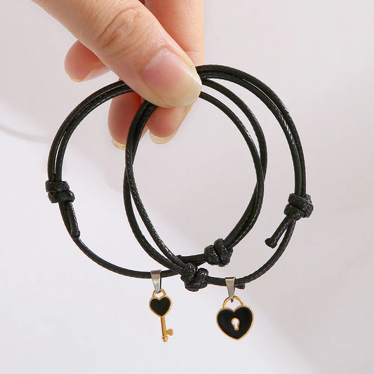 Charm Black Heart Key Lock Adjustable Couple Bracelets Set for Lovers