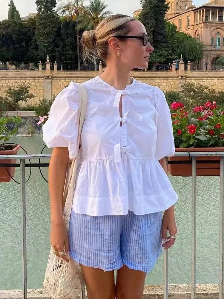 Hollow Lace Up O Neck Short Sleeve Blouse Chic For Women