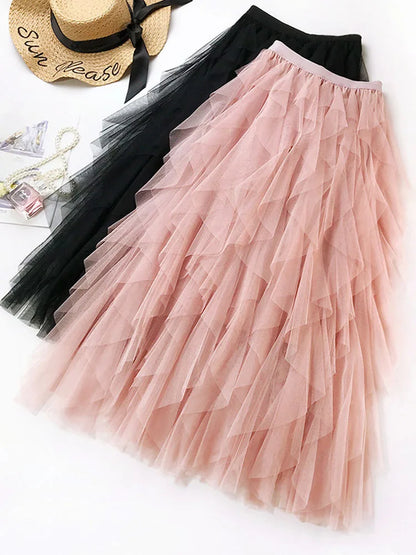 Korean Style Tutu Tulle Long Maxi Skirt For Women High Waist