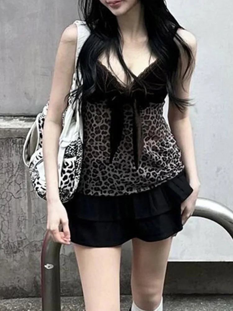 DozwCN Leopard Mesh Crop Top Bow Velvet Patchwork For Women