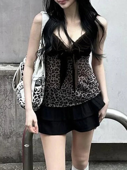 DozwCN Leopard Mesh Crop Top Bow Velvet Patchwork For Women