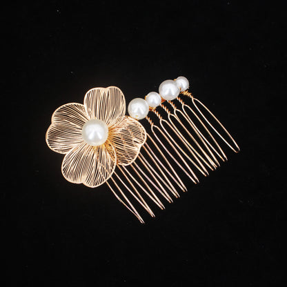 Bridal Bliss Flower Pearl Hair Comb Pins - 2PCS Wedding Accessories Flower P Gold