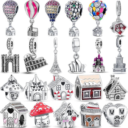 925 Silver Hot Air Balloon Castle Tower Mushroom Charms