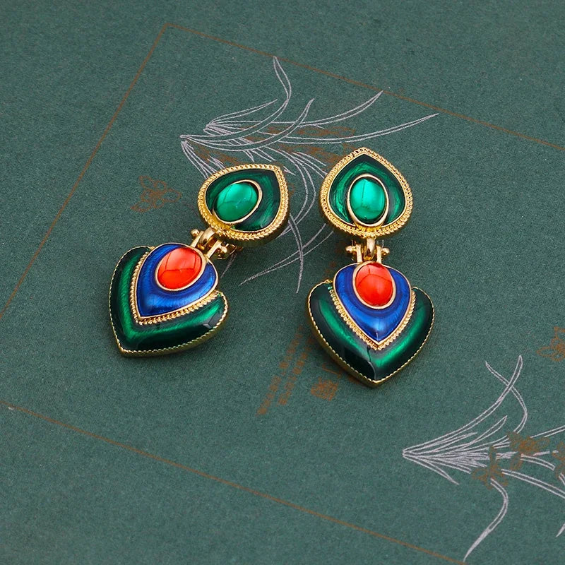 Boho Colorful Crystal Resin Heart Clip-On Earrings for Women Fashion Statement Jewelry