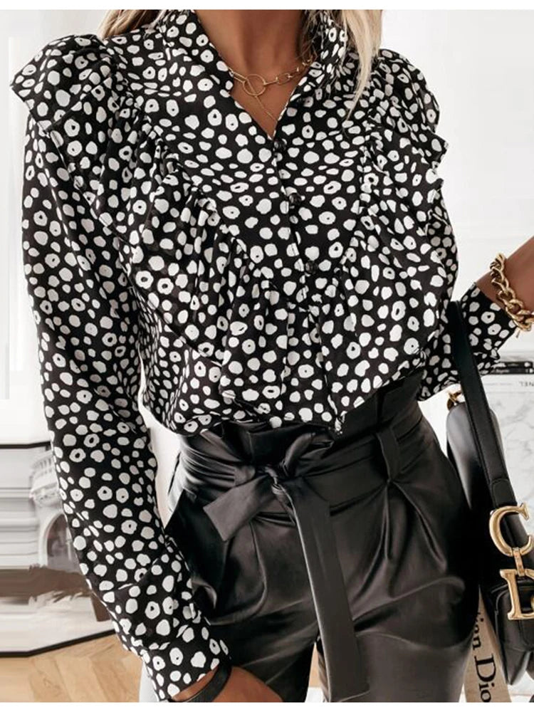 Leopard Print Ruffle Blouse Long Sleeve V Neck Office Top