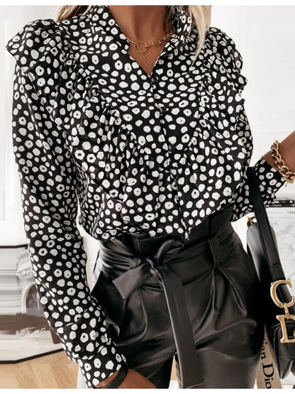 Leopard Print Ruffle Blouse Long Sleeve V Neck Office Top