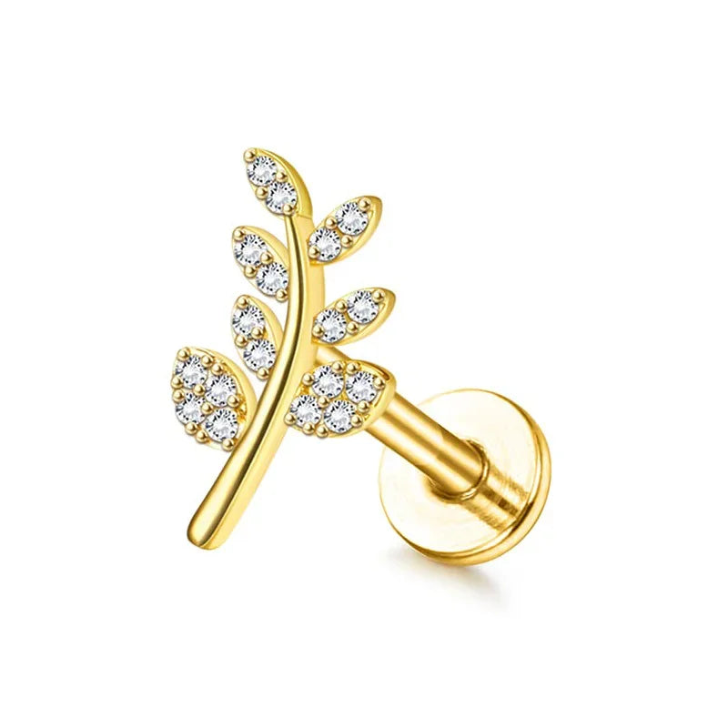 Drperfect 16G Gold Stainless Steel Cartilage Earrings for Women with Flat Back Butterfly Moon Flower Design