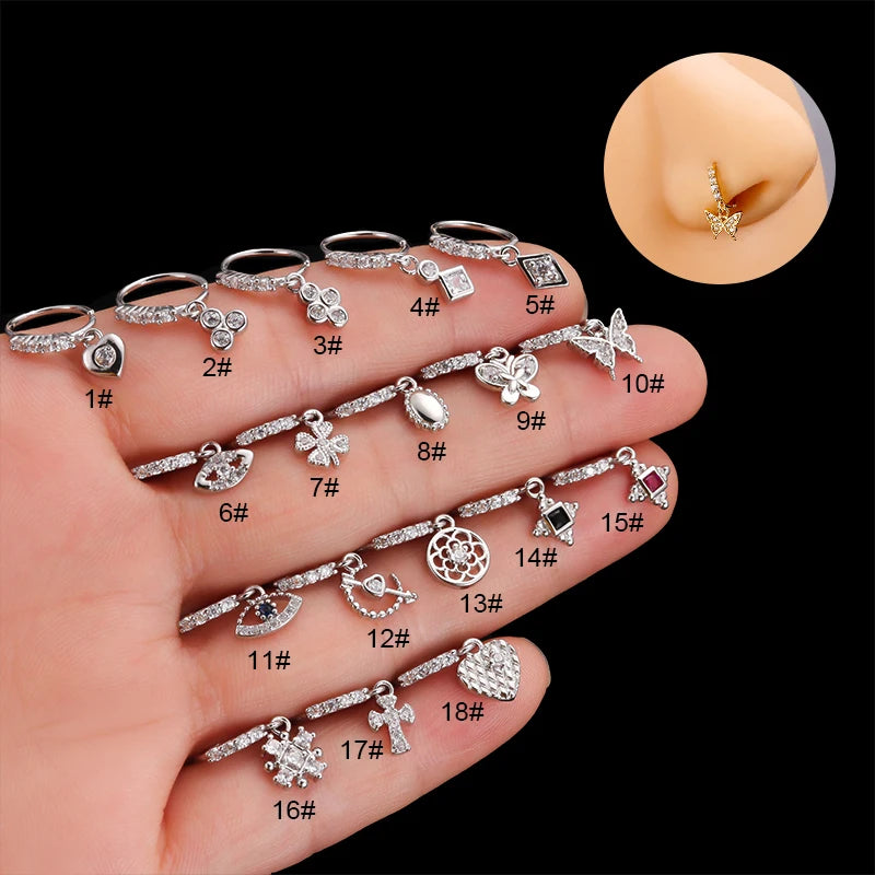 316L Surgical Stainless Steel Heart Crown Flower Butterfly Dangle CZ Nose Studs for Stylish Nose Piercing Jewelry