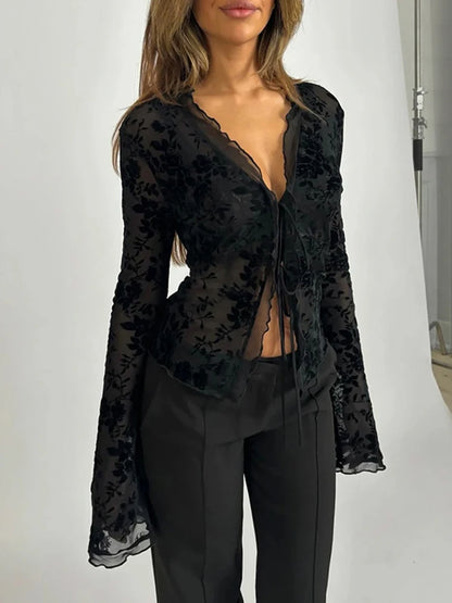 Autumn Chiffon Slim Fit Ruffle Trumpet Sleeve Shirt Women