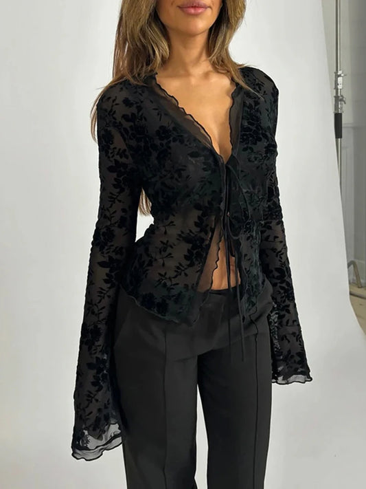 Autumn Chiffon Slim Fit Ruffle Trumpet Sleeve Shirt Women
