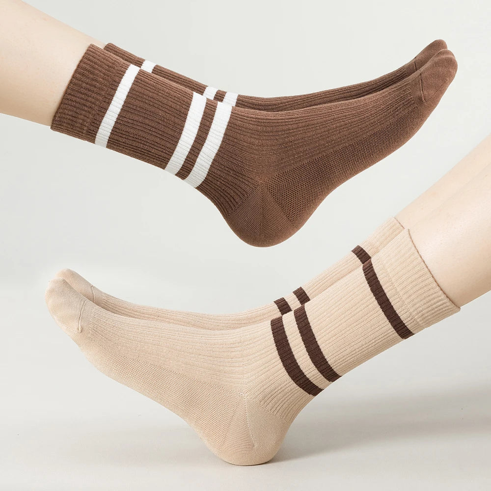 3 Pairs Soft Combed Cotton Crew Socks Women Stripes