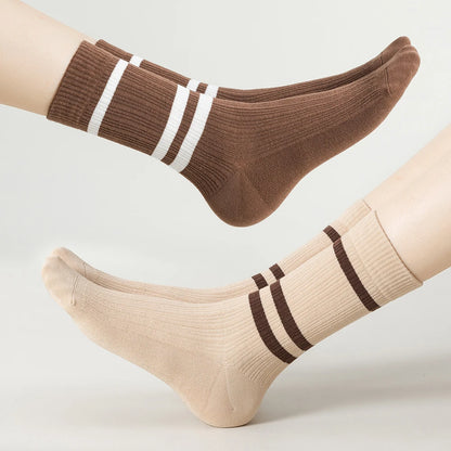 3 Pairs Soft Combed Cotton Crew Socks Women Stripes